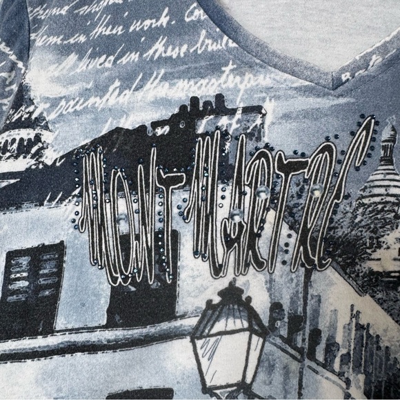 Paris Graphic V-Neck Top • Eiffel Tower & Montmartre Print Tee Y2K XL - Picture 3 of 5